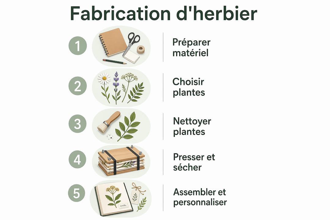 Schéma des différentes étapes pour réaliser un herbier