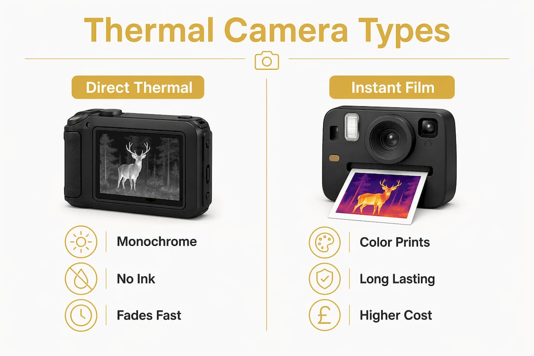 Comparison infographic of thermal vs instant film cameras