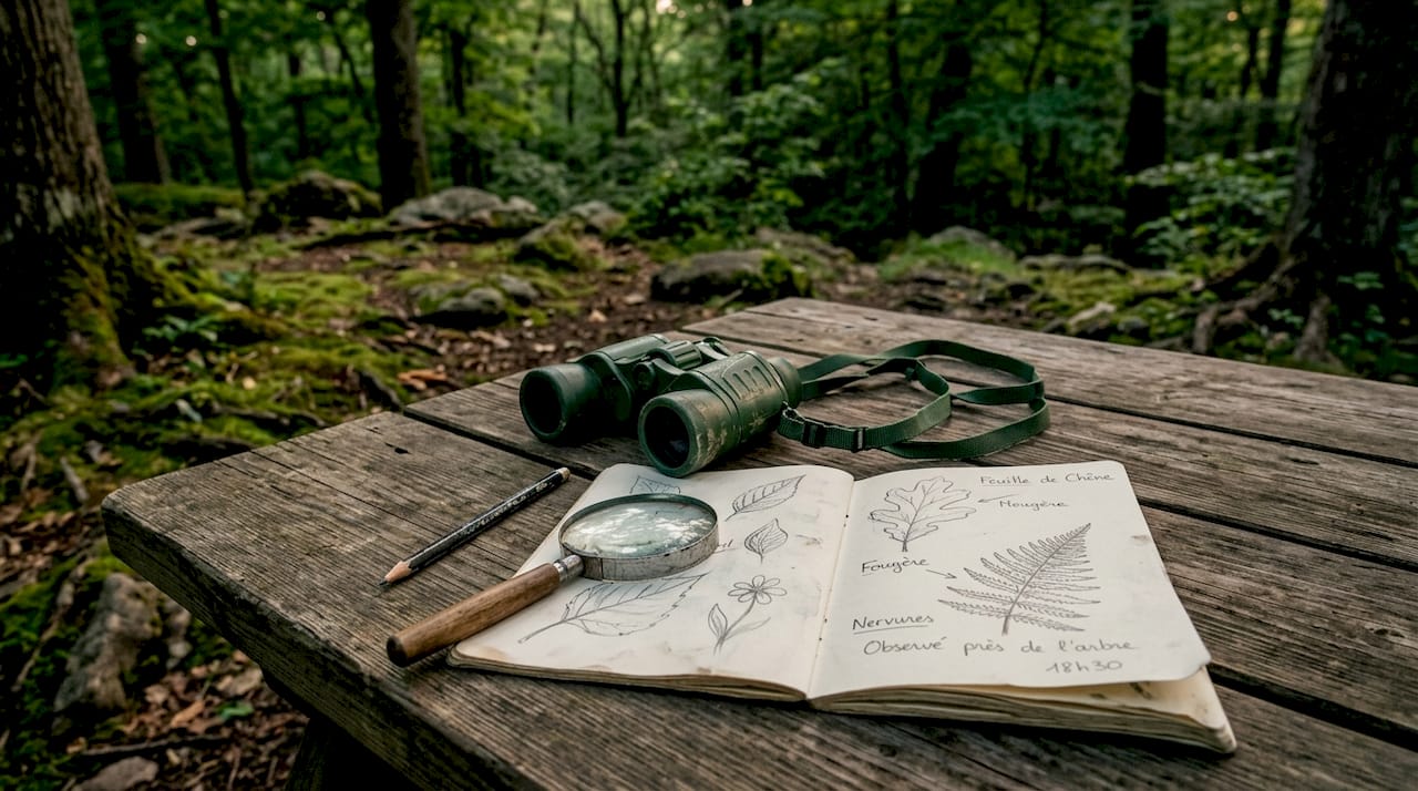 Le matériel d’observation de la nature pour les enfants est prêt et disposé.