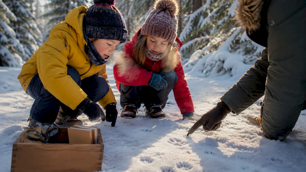 Des enfants curieux scrutent les empreintes laissées dans la neige, cherchant à deviner quels animaux sont passés par là pendant l’hiver.