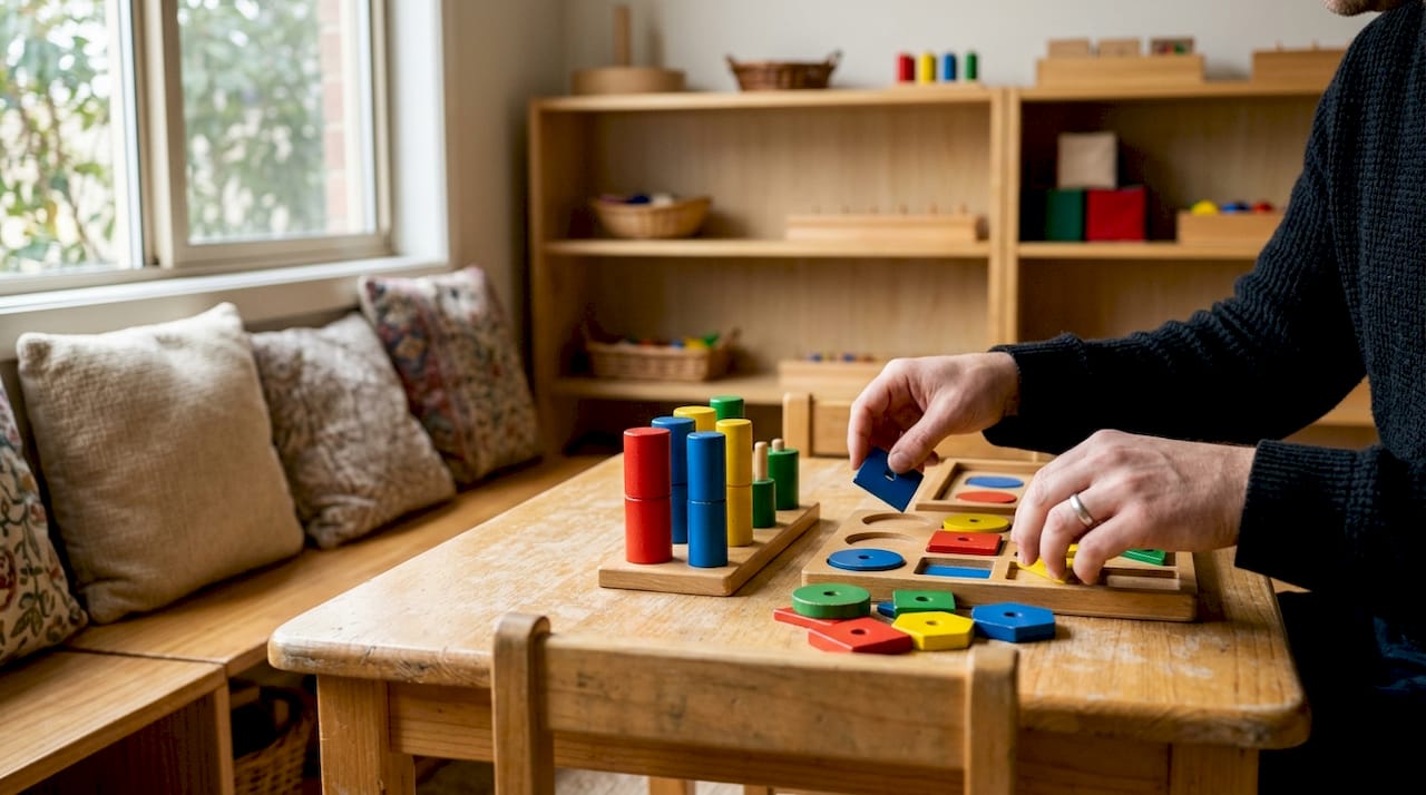 Des mains en train de disposer soigneusement des jeux éducatifs Montessori.