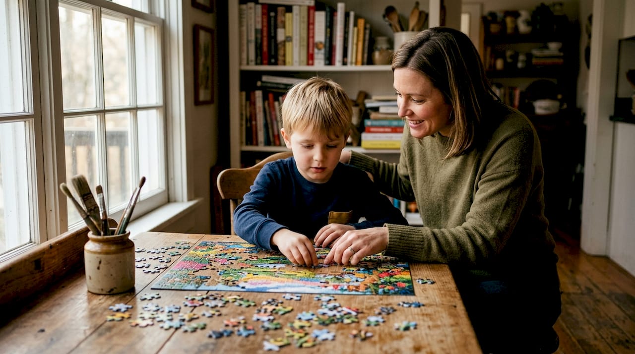 Mother supporting son solving puzzle at home study corner