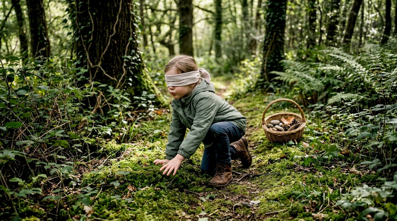 Une jeune fille aux yeux bandés effleure l’écorce d’un arbre en pleine forêt.