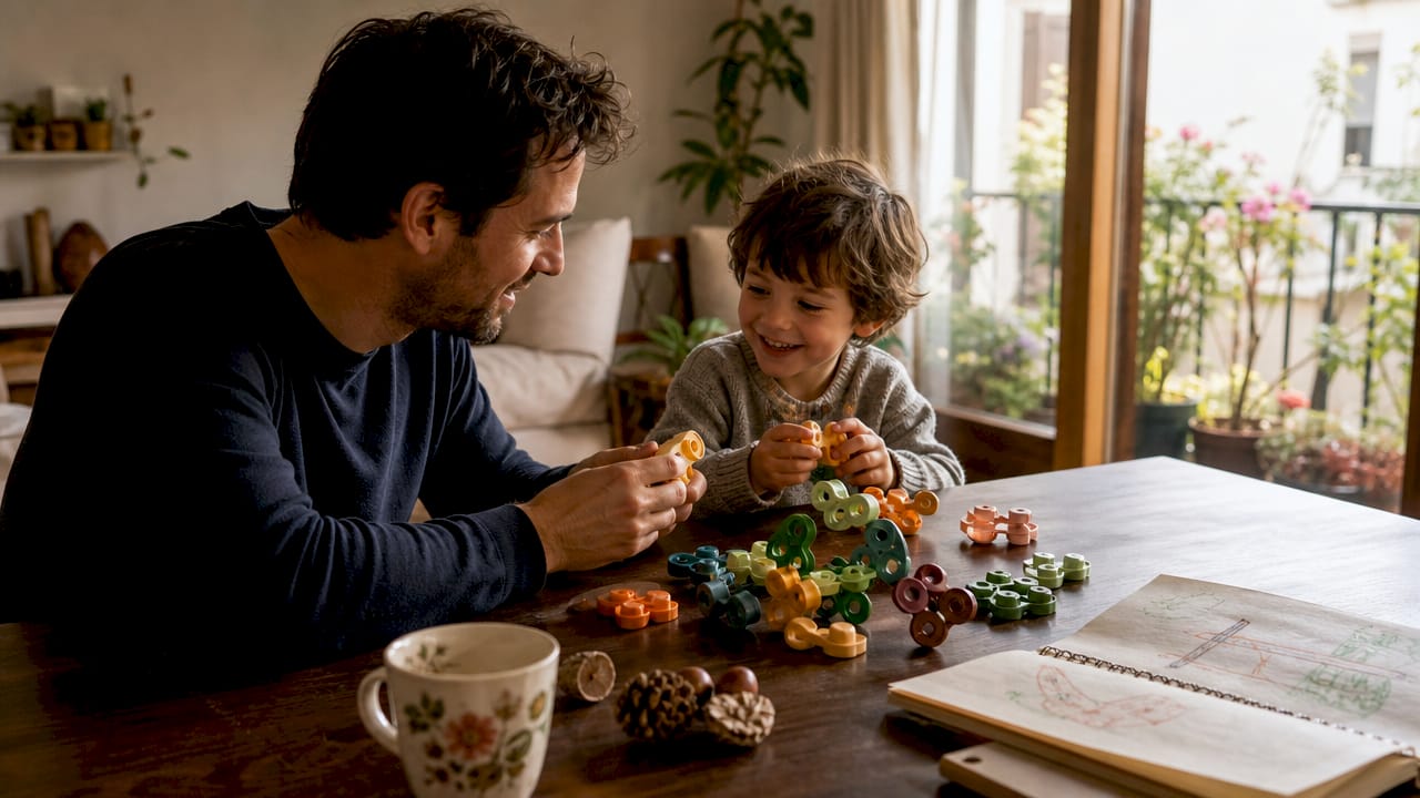 Un parent partage un moment complice avec son enfant en construisant ensemble des jouets écologiques en bioplastique.