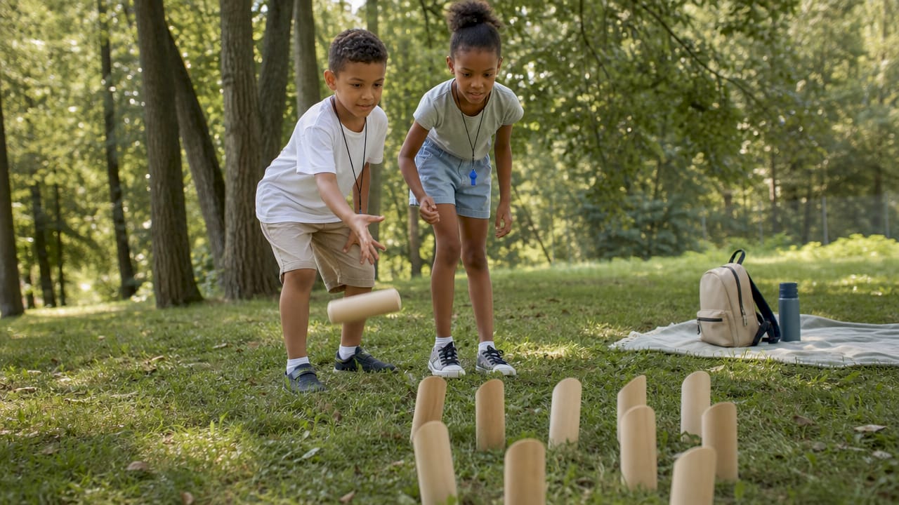Des enfants s’amusent ensemble en jouant à un jeu d’adresse en plein air.
