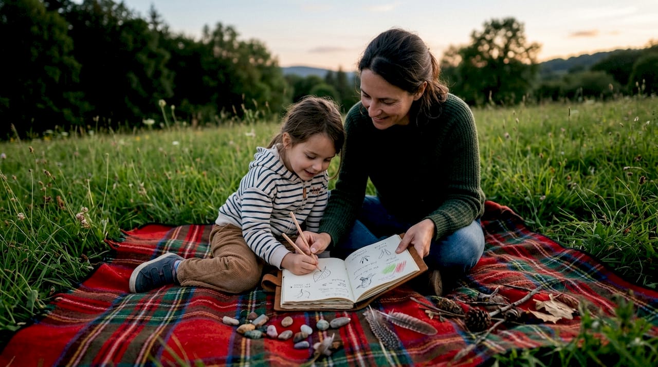 En pleine nature, des parents et leur enfant prennent le temps d’observer leur environnement et de consigner leurs découvertes dans un carnet dédié.