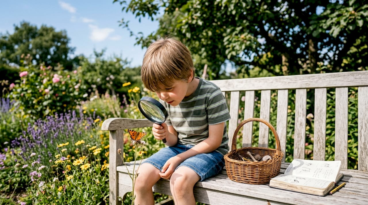 Un jeune garçon observe attentivement une feuille à l’aide d’une loupe, en pleine nature.