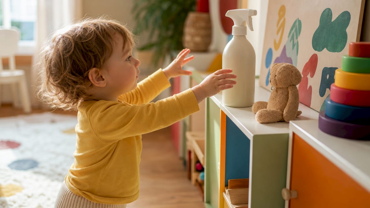 Toddler reaching for eco cleaner bottle