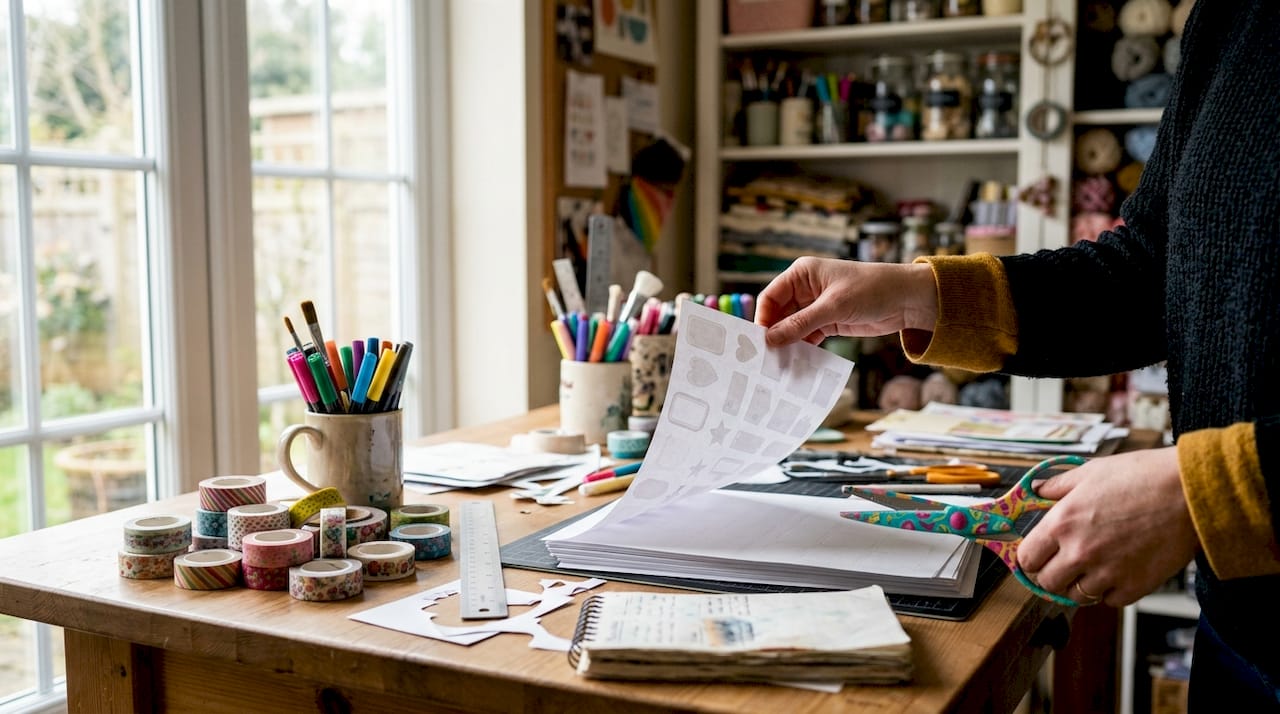 Hands handling thermal sticker paper and camera