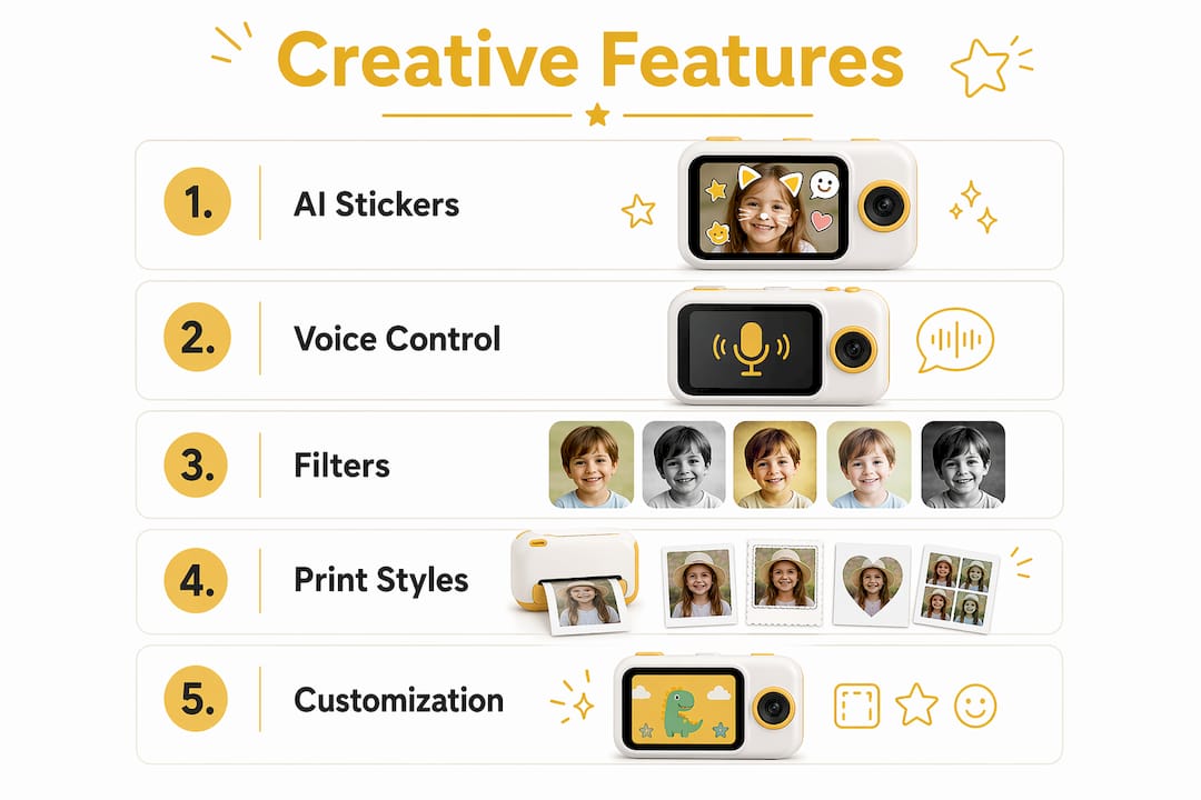 Infographic on creative features of sticker cameras for children