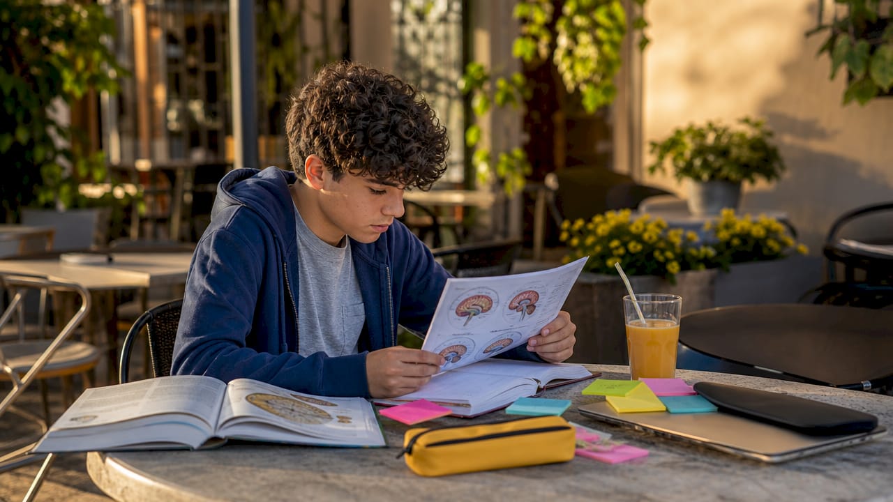 Teen boy studying brain development diagrams