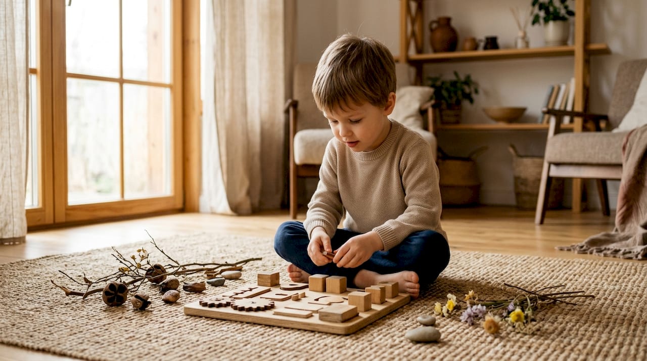 Petites mains d’enfant en train de s’amuser avec un jouet en bois et des éléments naturels