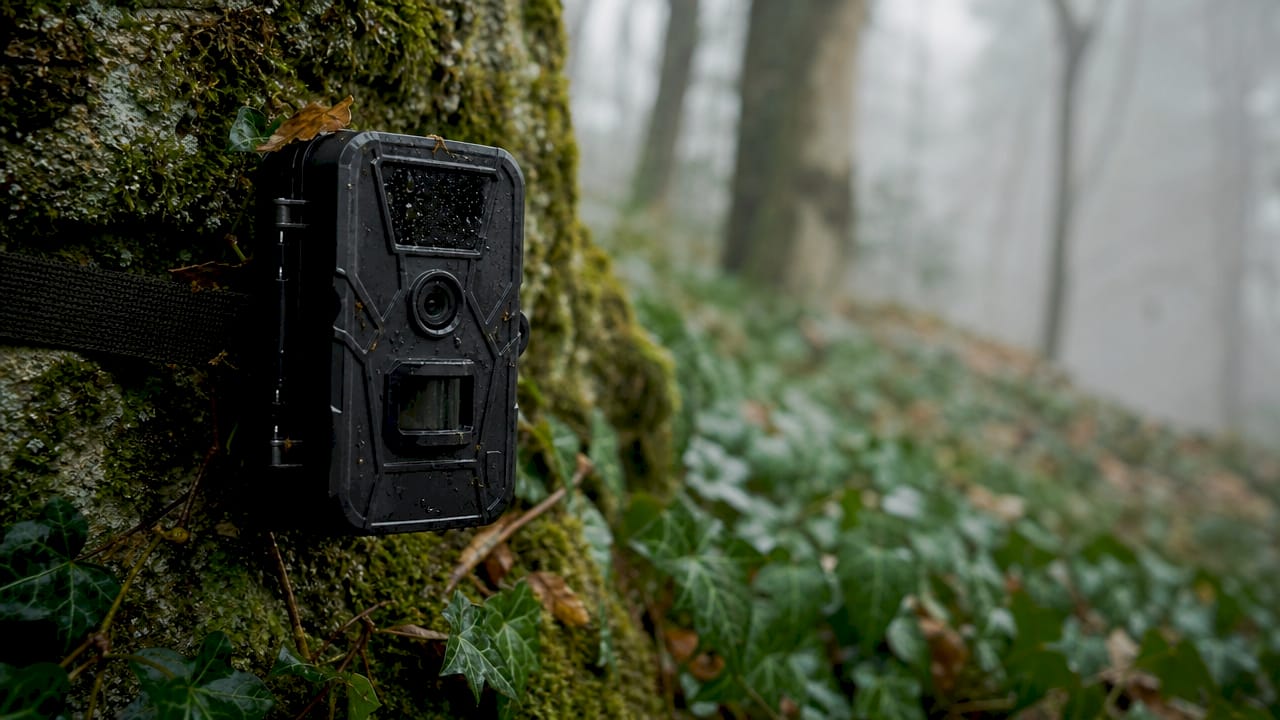 Close-up of fox trail camera on tree trunk