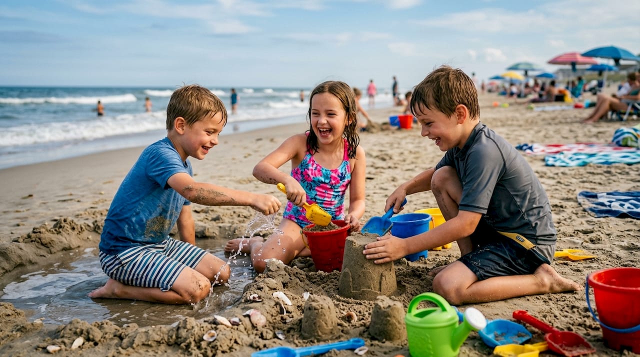 Children freely playing and sharing toys outdoors