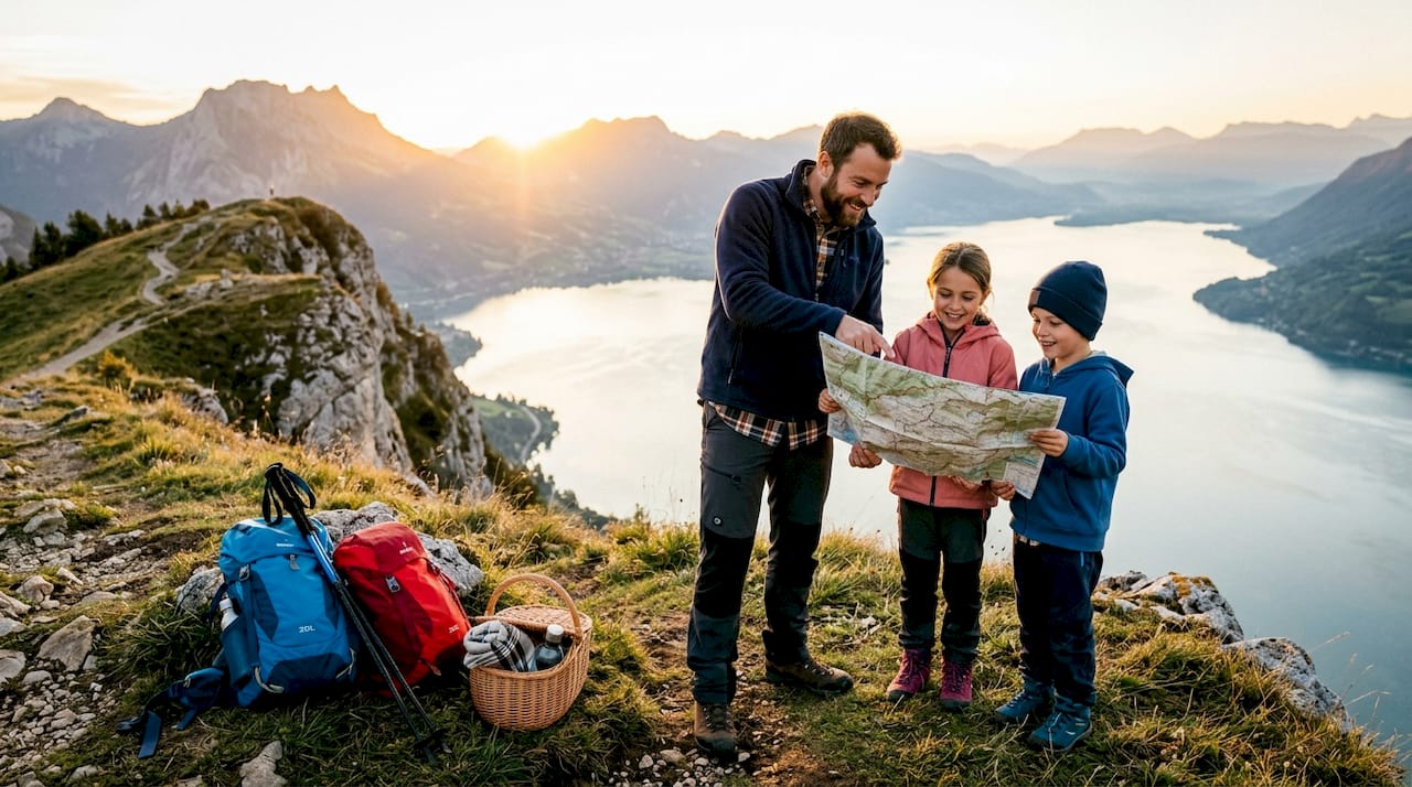 Des mains déplient une carte sur une table de pique-nique en pleine nature.