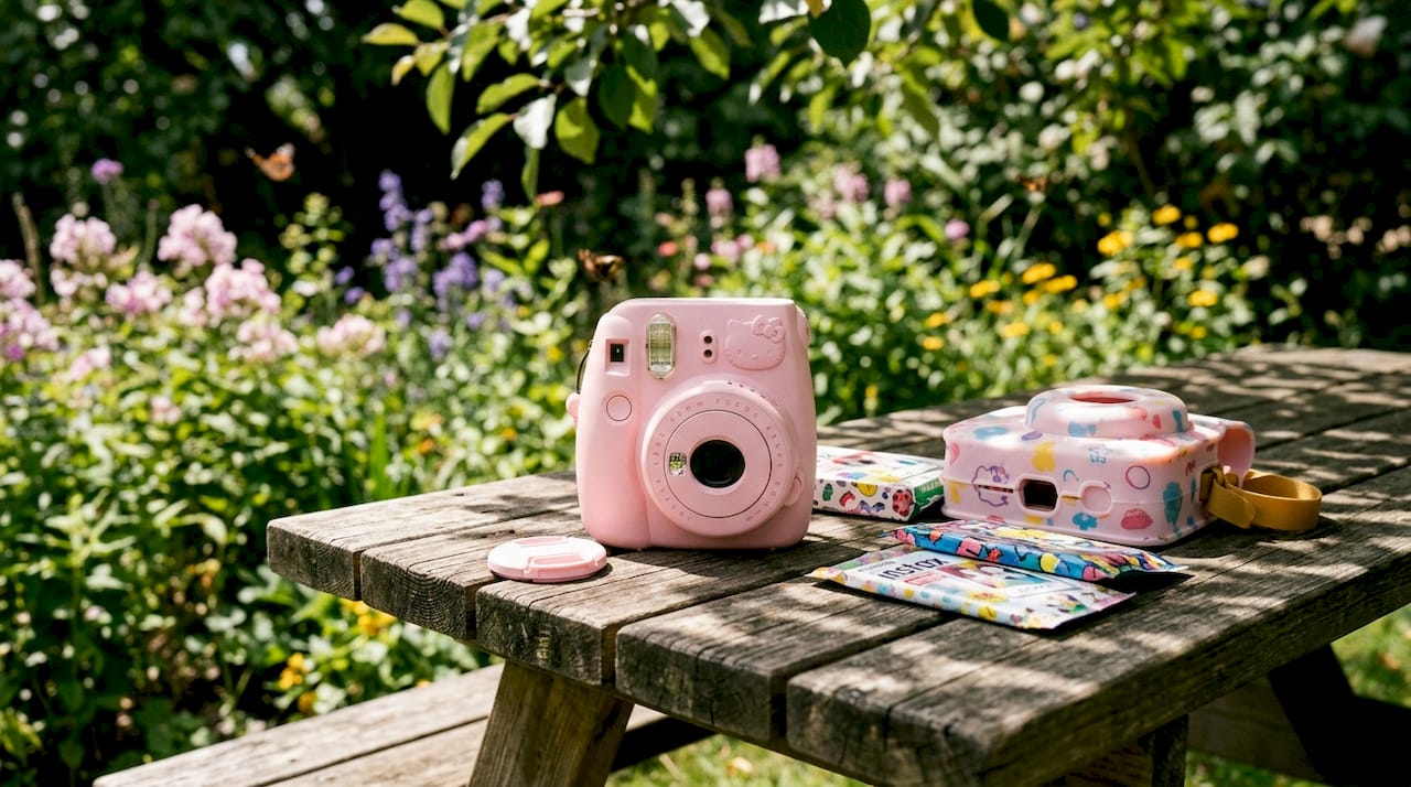 Close-up of Hello Kitty instant camera with accessories