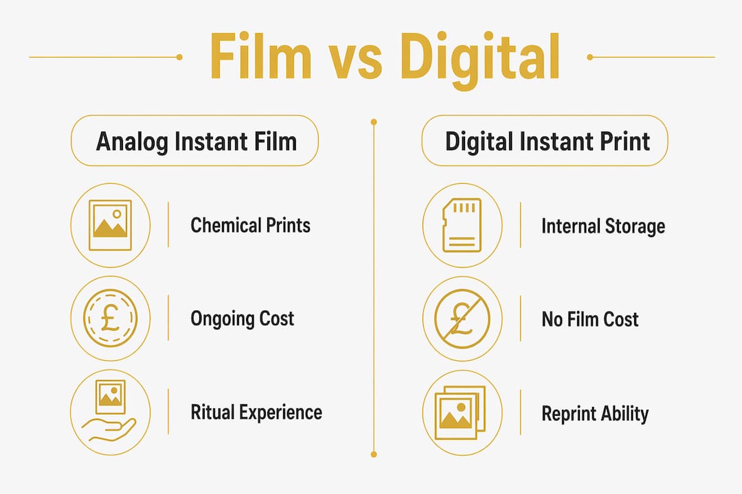 Infographic comparing analog instant film and digital instant print cameras