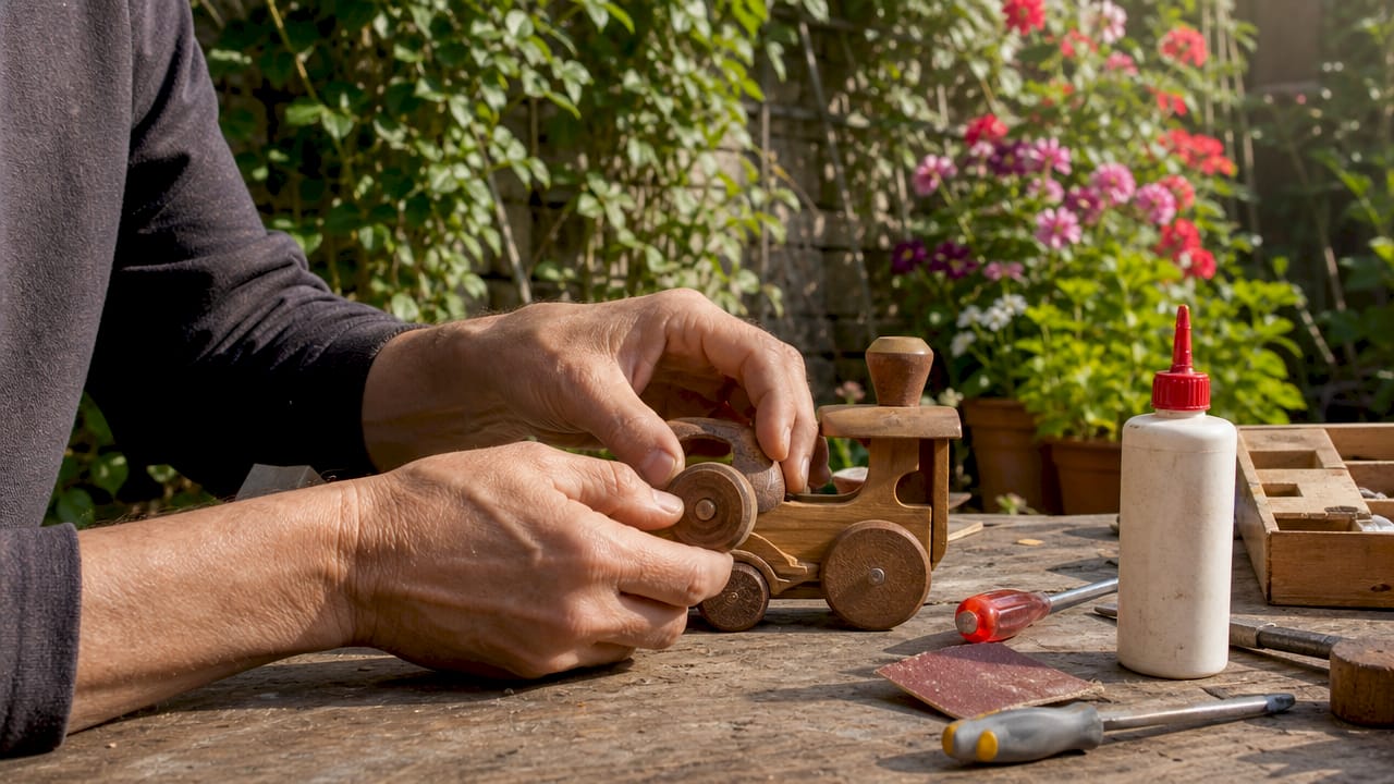 Des mains d’adulte s’appliquent à remettre en état un jouet en bois sur un établi.