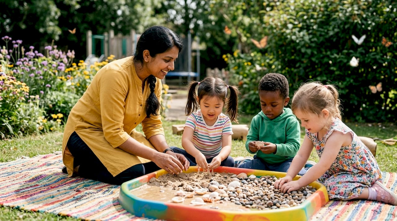 Teacher and diverse children exploring sensory tray