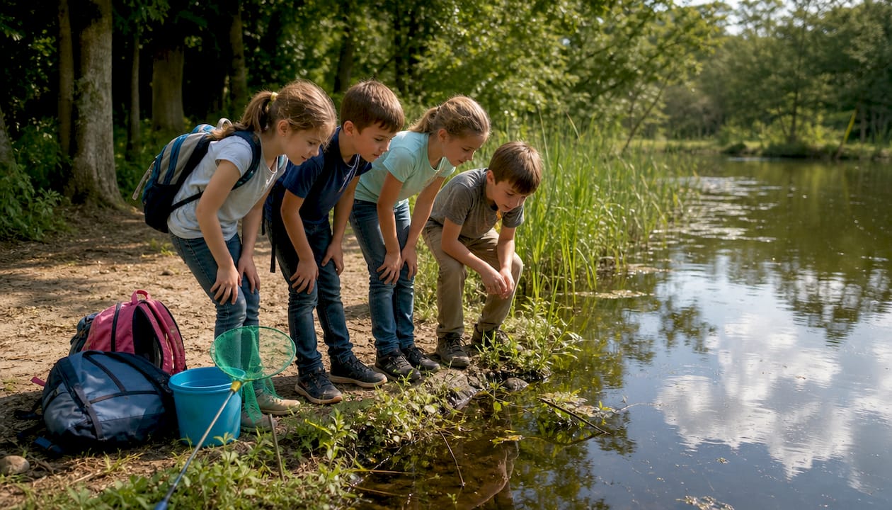 Lors d'une sortie pédagogique en plein air, des enfants découvrent la vie qui se cache autour d'une mare et observent son écosystème.