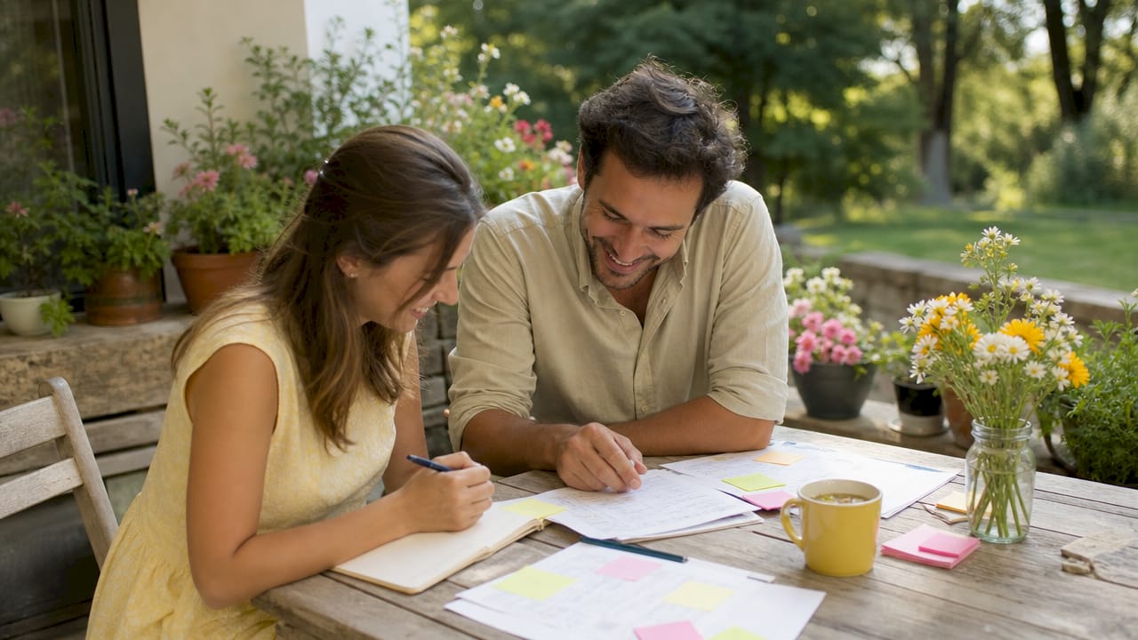 Couple planning family milestone event indoors