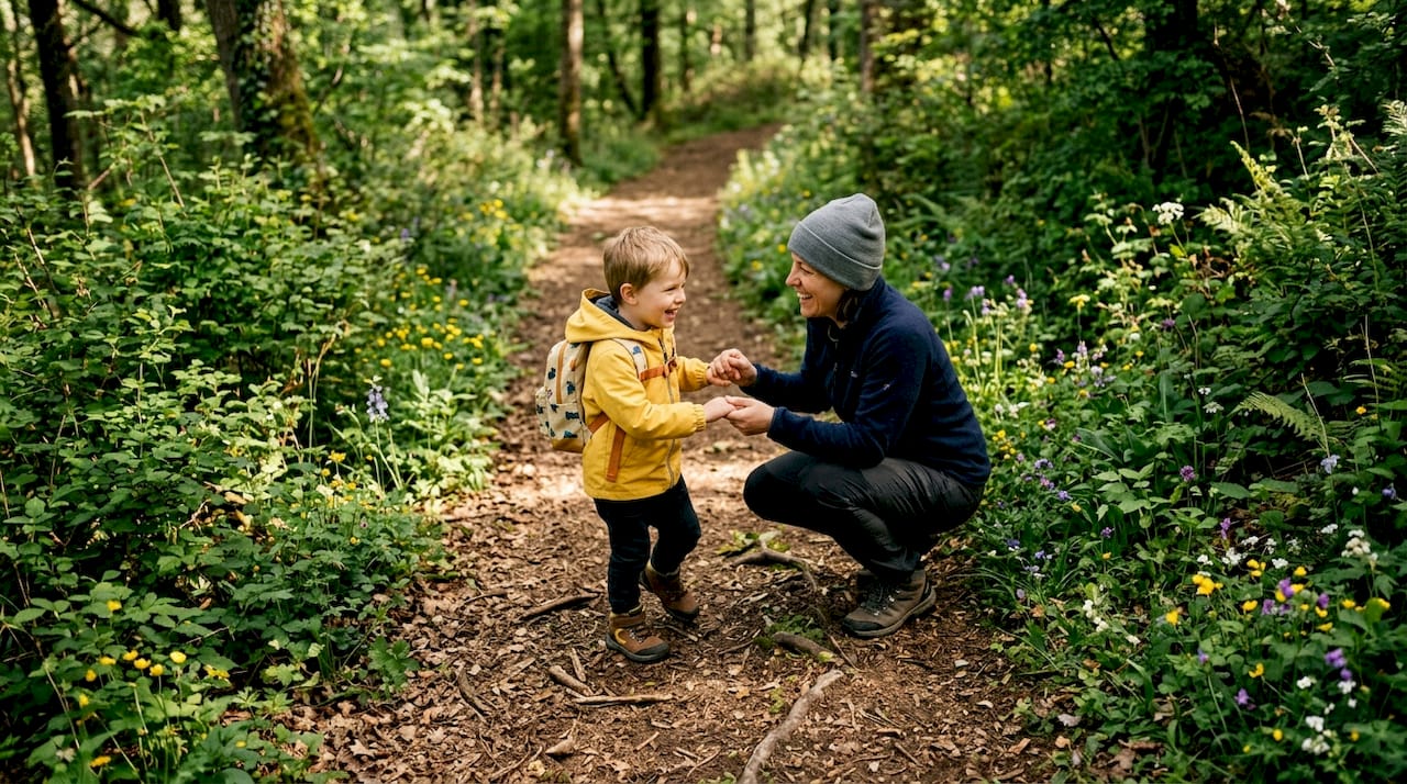 Young child hiking gently sloped forest trail