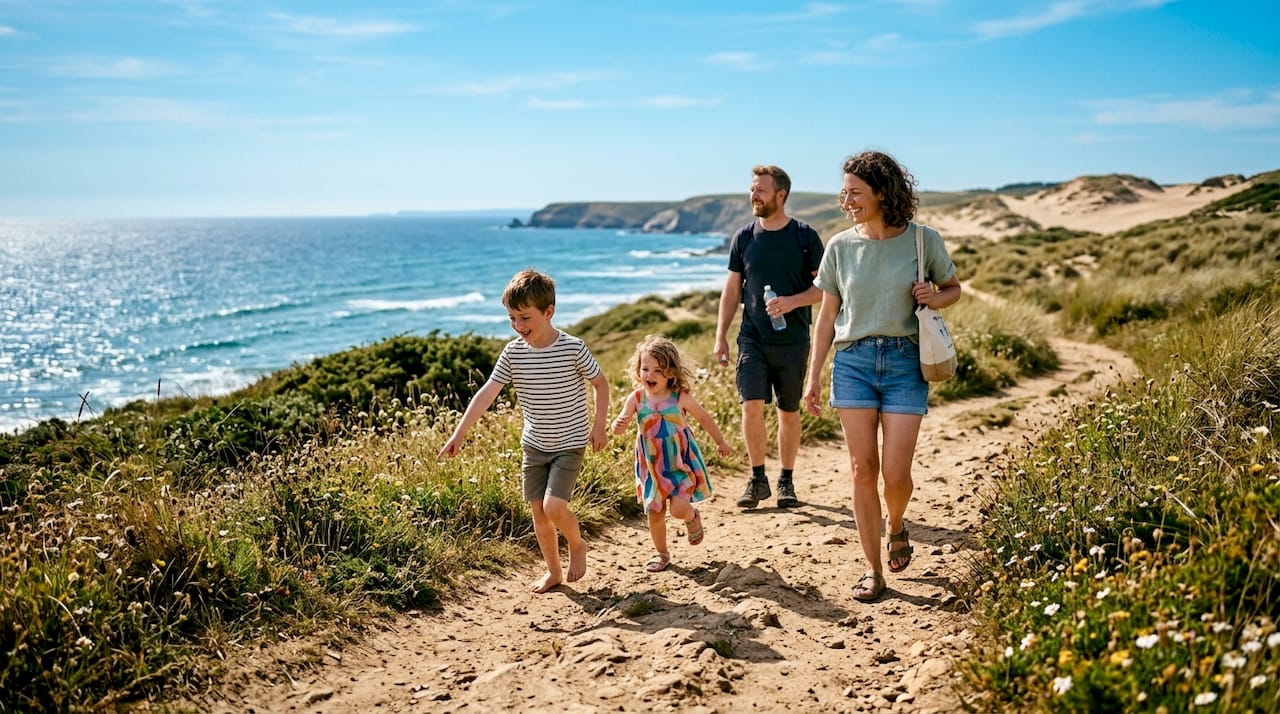 Une famille profite d’une belle journée ensoleillée pour partir à la découverte des rochers et de la côte, entre balades et jeux au bord de l’eau.