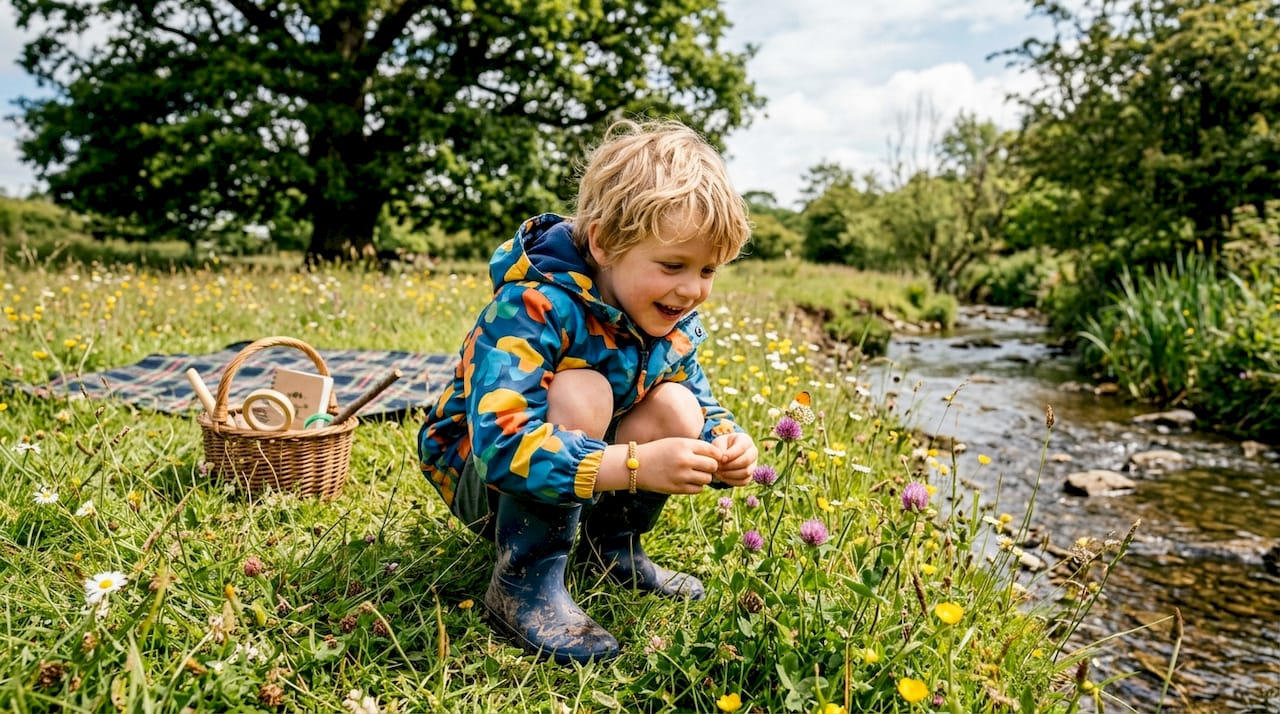 Child observing insect in woodland setting