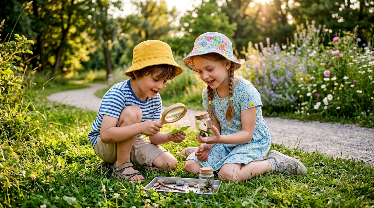 Children exploring nature in garden