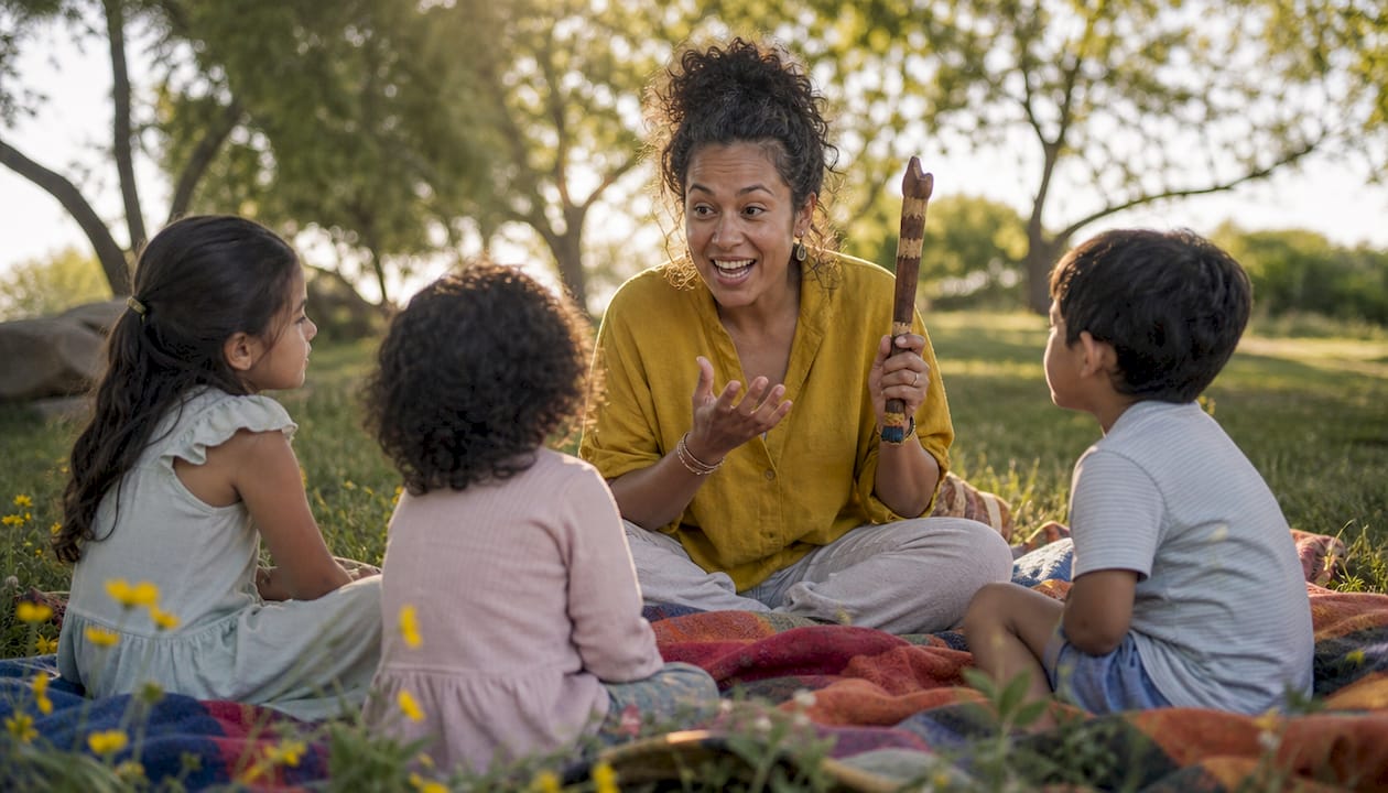 Parent leading outdoor storytelling with kids