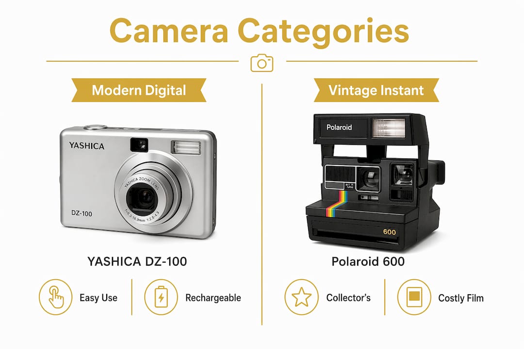 Infographic comparing modern digital and vintage Hello Kitty cameras