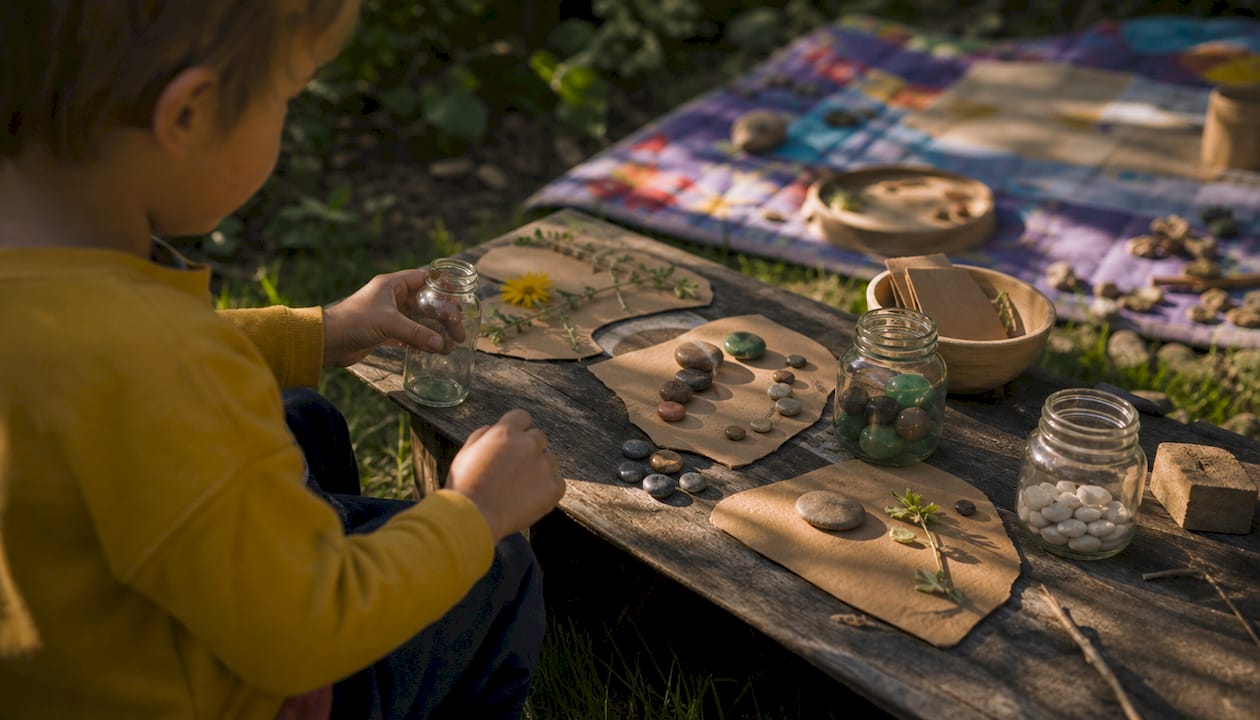 Child’s garden exploration setup with natural materials