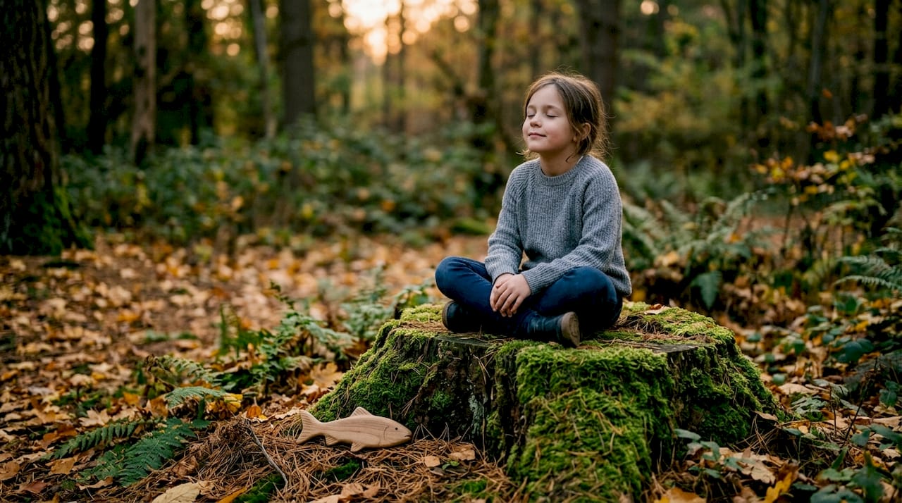 Une jeune fille sereine respire profondément à l’ombre des arbres, au cœur de la forêt.