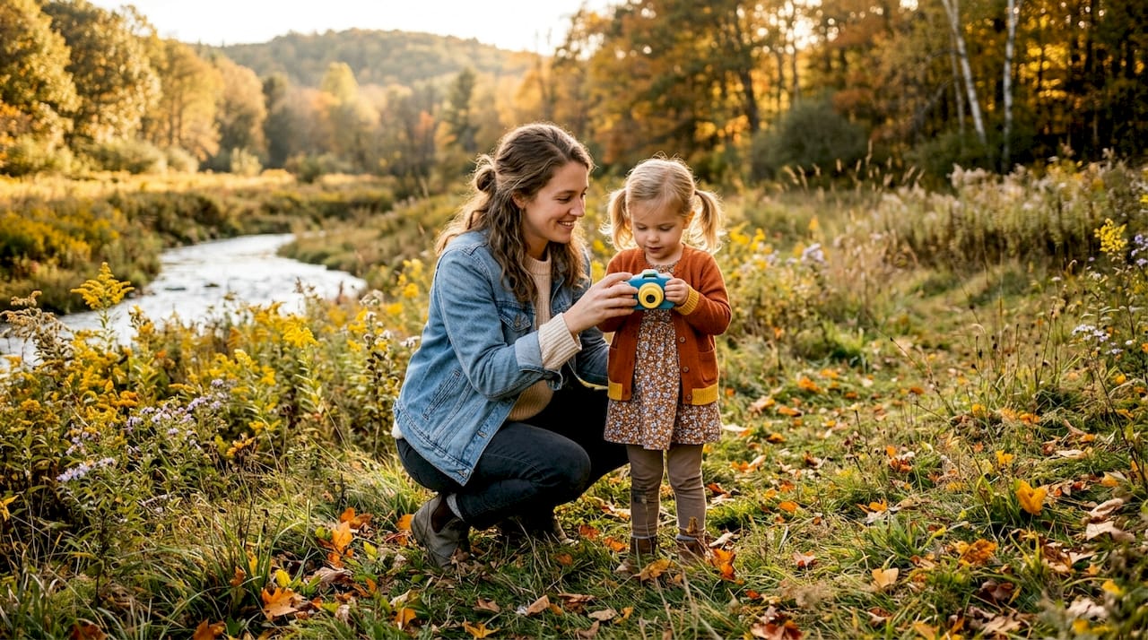 Mother teaching child to use camera in woods