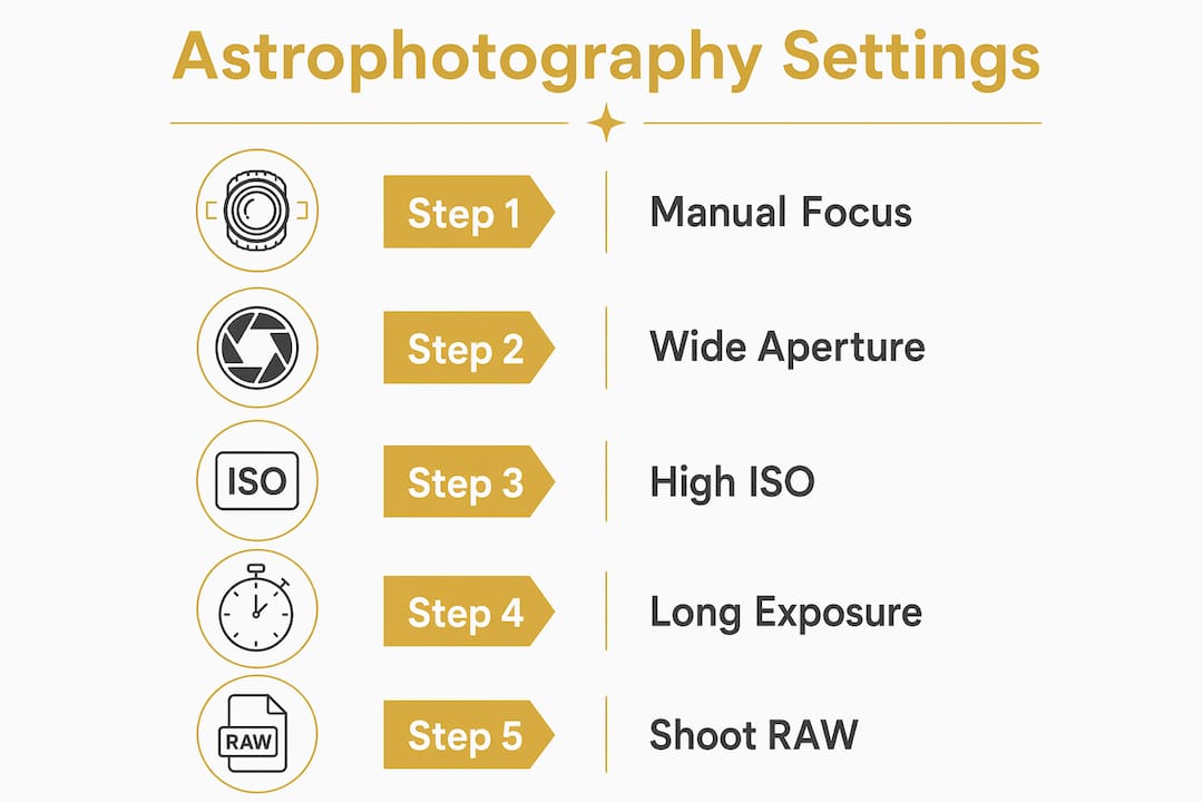 Infographic showing key astrophotography camera settings steps