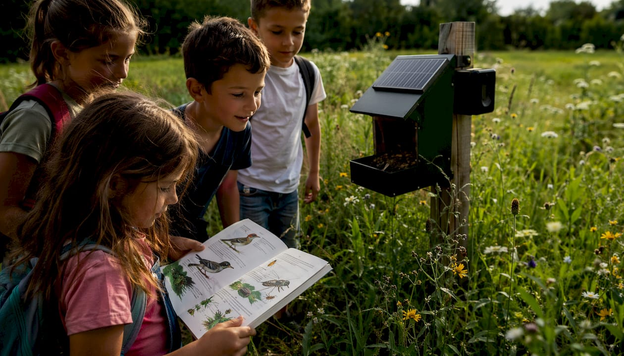 Des enfants partent à la découverte de la nature, équipés de leurs objets connectés.