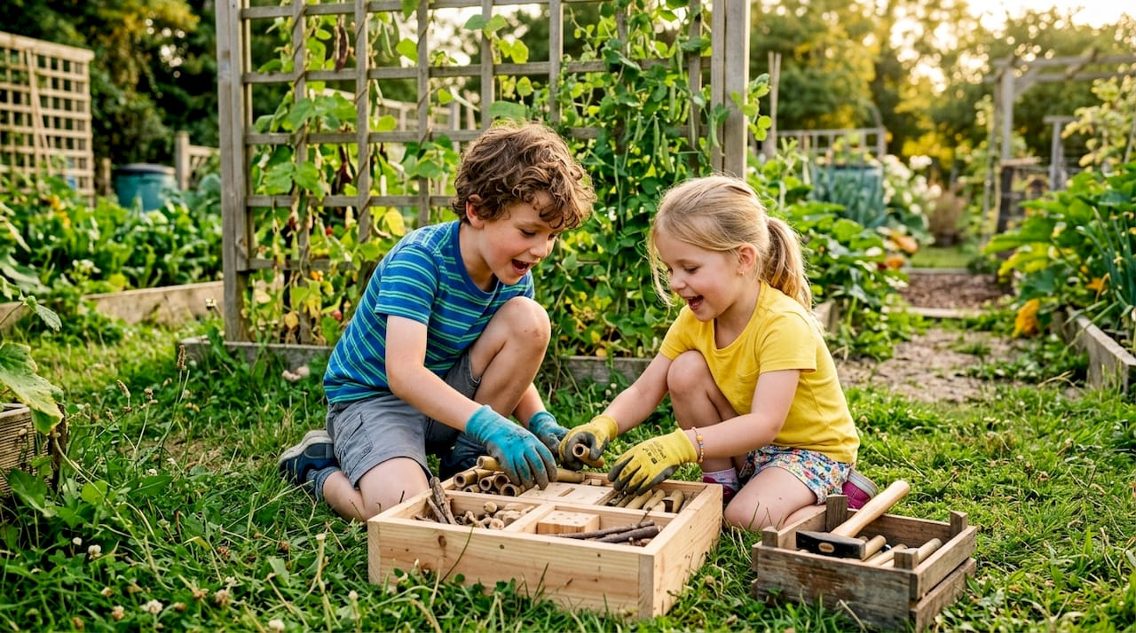Children building insect hotel outdoors