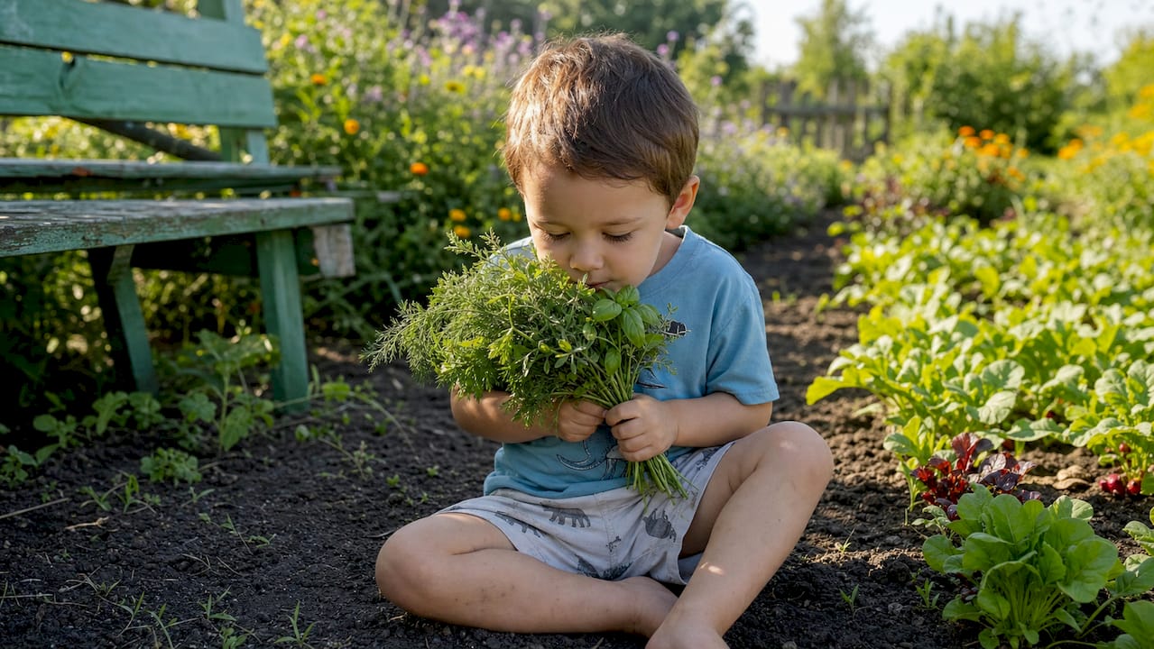 Un petit garçon de trois ans part à la découverte des plantes du jardin potager.