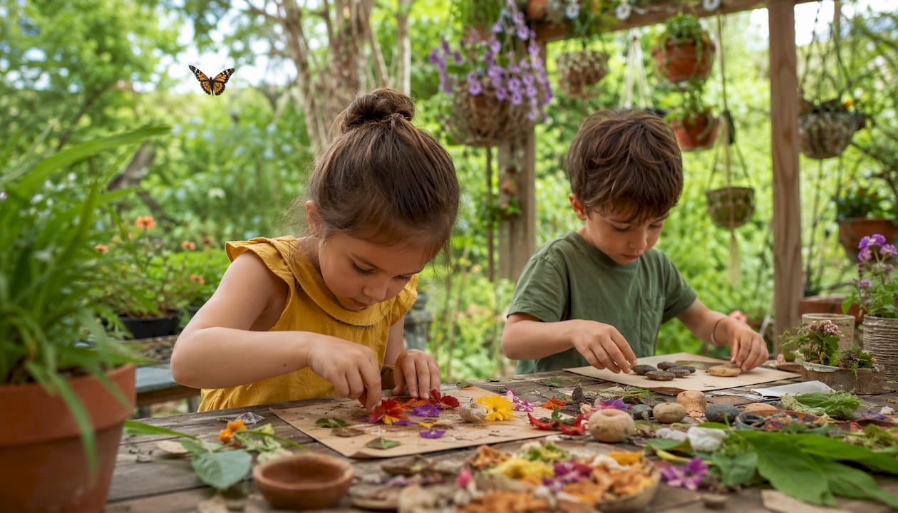 Kids assembling nature collages in classroom