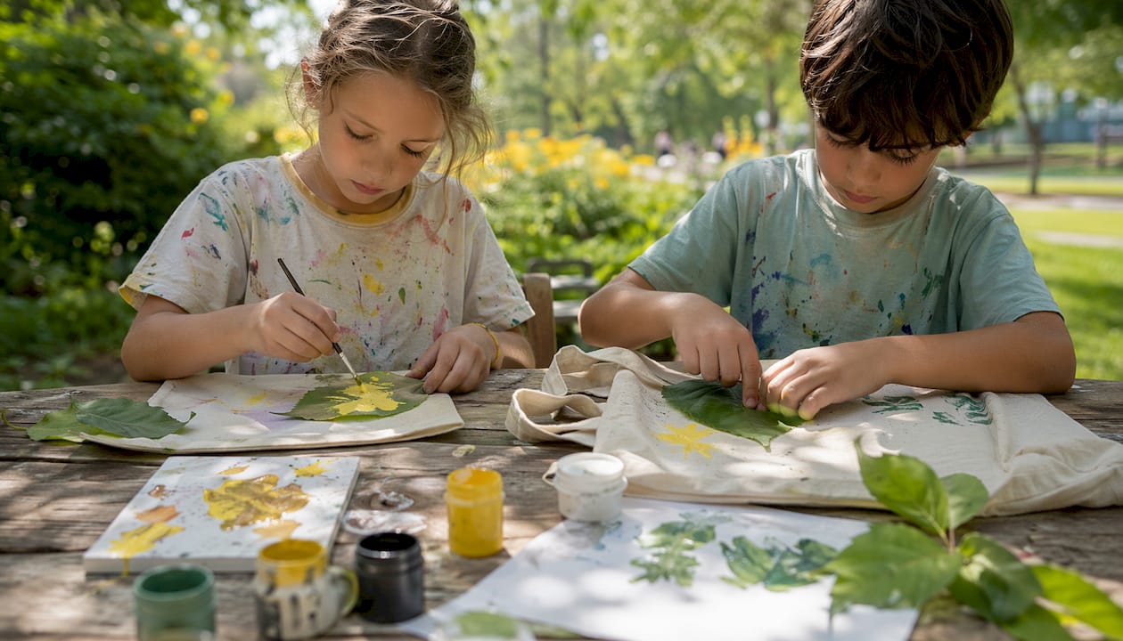 Children creating leaf prints on tote bags outdoors