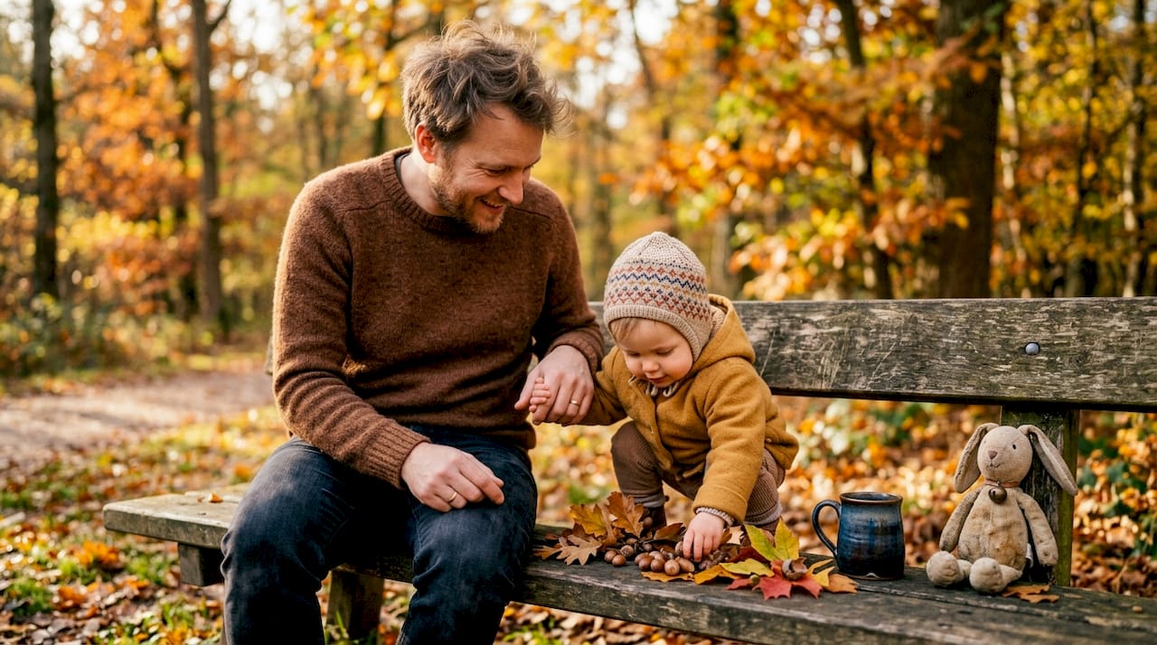 Un moment de découverte entre un parent et son bébé autour de pommes de pin