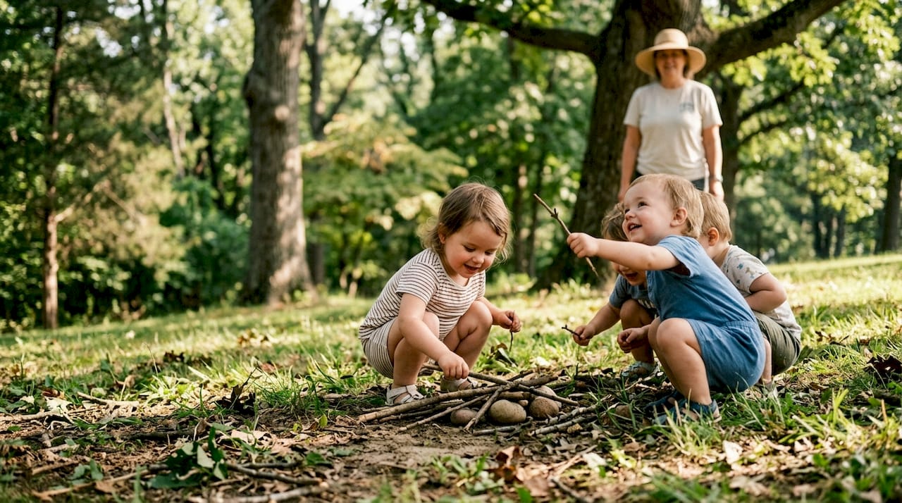 Des enfants s’amusent et s’épanouissent dans un jardin entièrement sécurisé, propice à l’éveil et à la découverte.