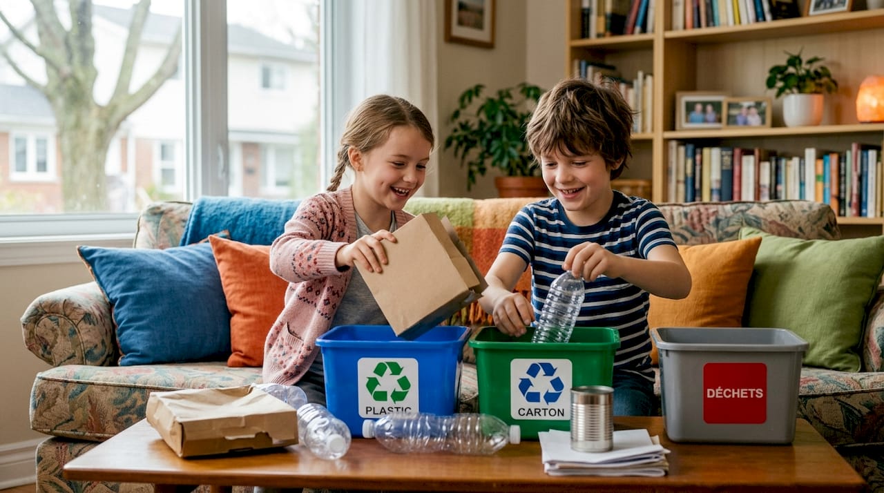 Des enfants installés autour de la table de la cuisine trient les déchets pour les mettre dans les bonnes poubelles.