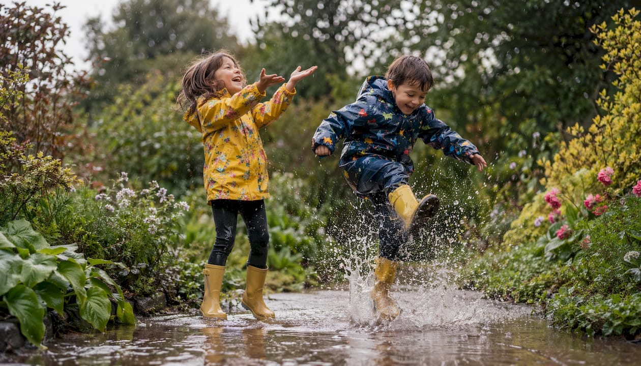 Kids building dam with mud and sticks outdoors
