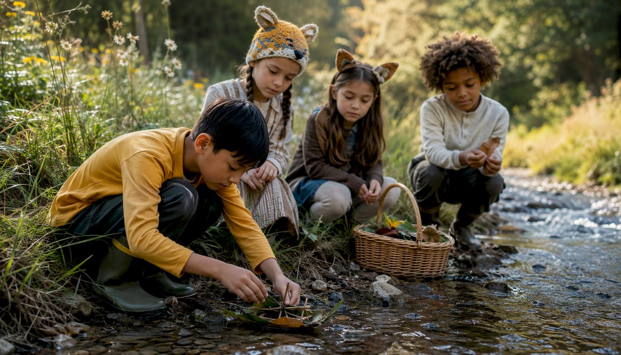 Children playing imaginatively outdoors in nature