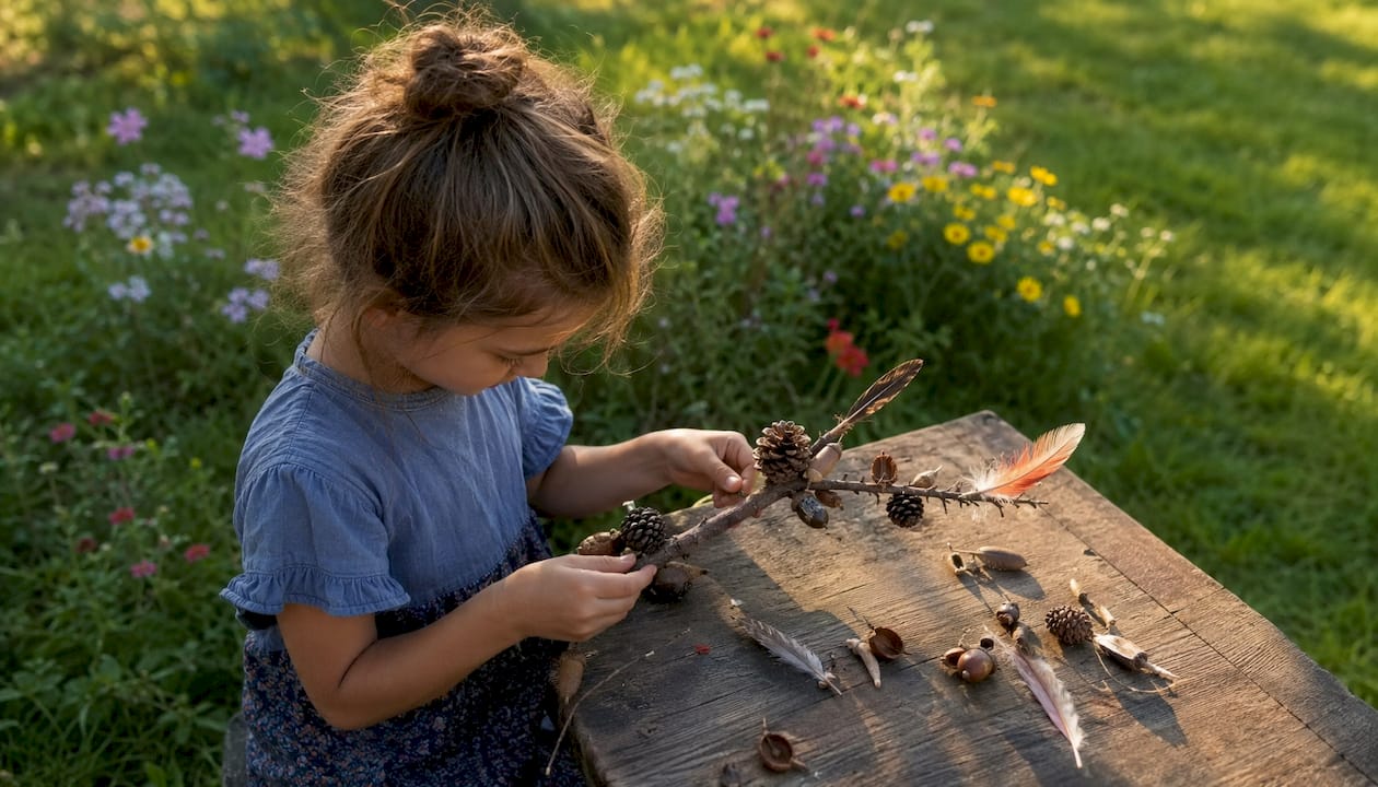 Zoom sur les mains d’un enfant en train d’utiliser un téléphone portable, entouré d’éléments naturels.