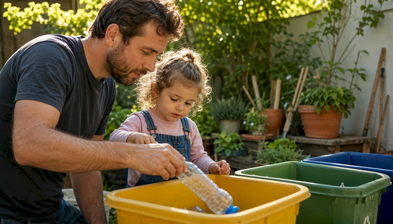 Un papa qui apprend à sa fille à faire le tri des déchets
