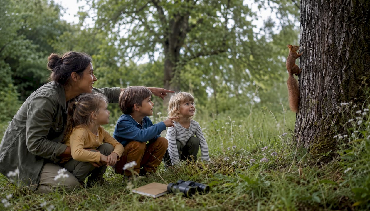Des enfants curieux observent les oiseaux en pleine forêt, émerveillés par la nature qui les entoure.