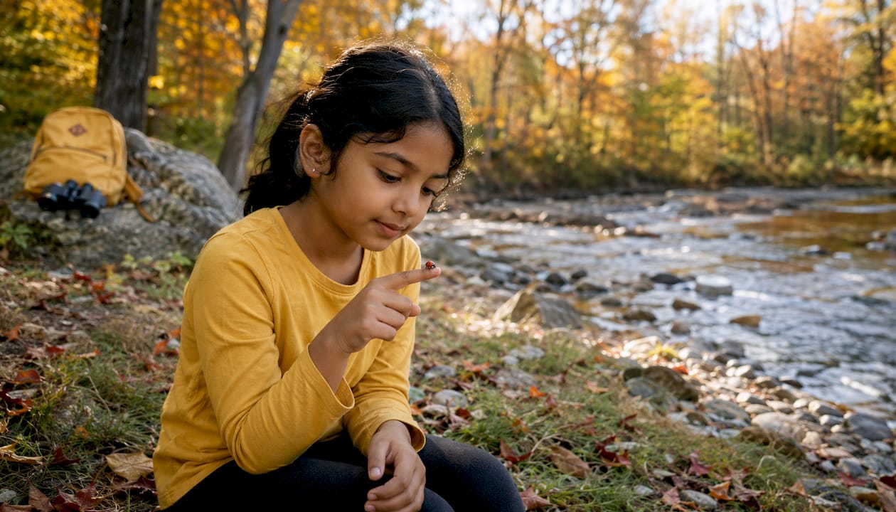 Child observing ladybug in forest setting