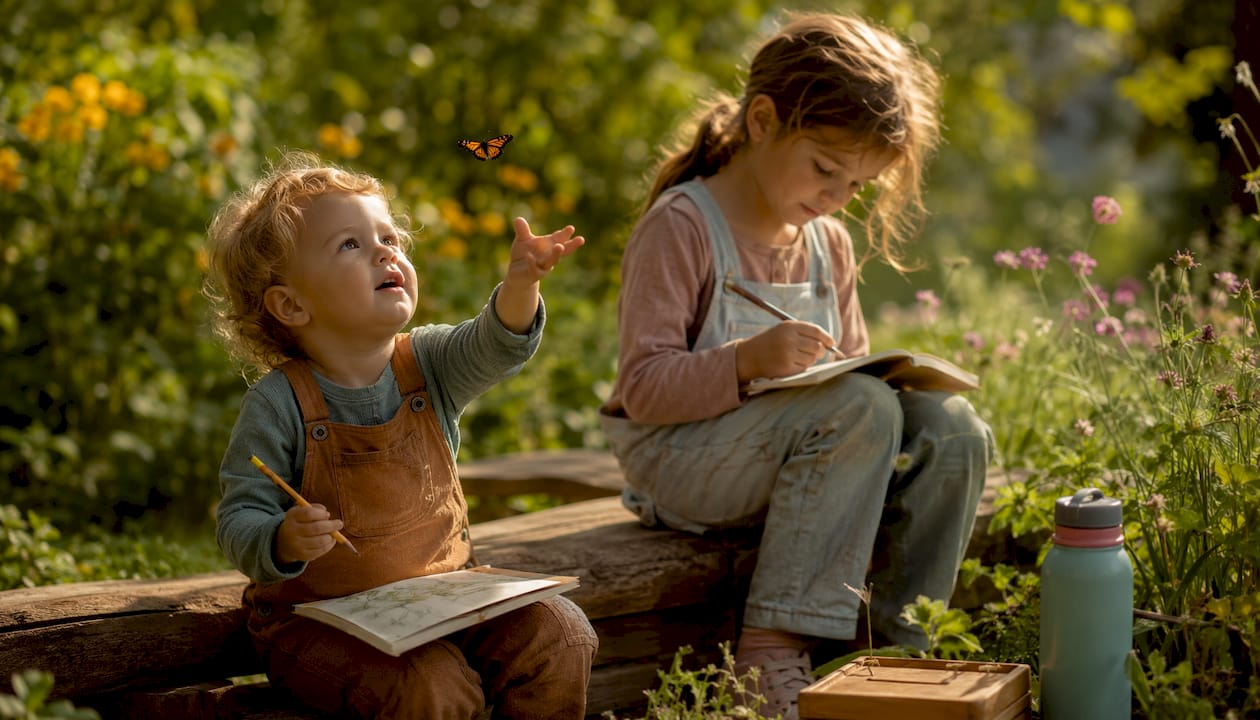 Au cœur de la forêt, des enfants observent attentivement des insectes et les croquent dans leur carnet d’explorateur.